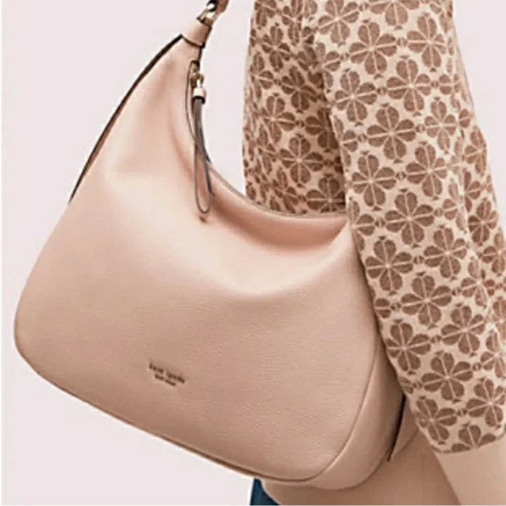 Kate Spade New York Lake Large Hobo Bag Pebbled Leather Pink Pockets Zip Close